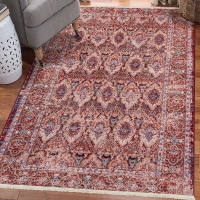 Luxe Weavers Floral Fringe Cream and Rose 8x10 Indoor Area Rug