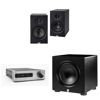 Elac DS-A101-G - Discovery Amplifier with Wi-Fi - Grey, Elac DB63-BK - Debut 3.0 6.5" Bookshelf Speakers - Black, Pair and Elac PS350-BK - Varro Pr...