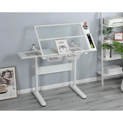 Grungis Hand Crank Adjustable Drawing Desk with 2 Metal Drawers,Small Desk with Stool for Home Office,School