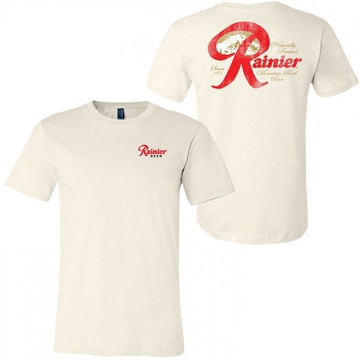 Mens Rainier Mountain Fresh Beer Distressed Front and Back T-Shirt