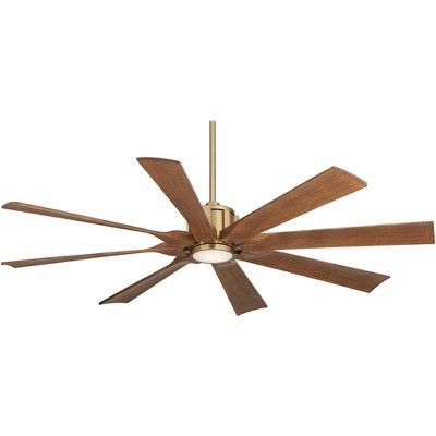 Possini Euro Design 60" Defender Modern Indoor Outdoor Ceiling Fan 8 Blade LED Light Remote Control Soft Brass Motor Koa Finish Blades Bedroom Patio