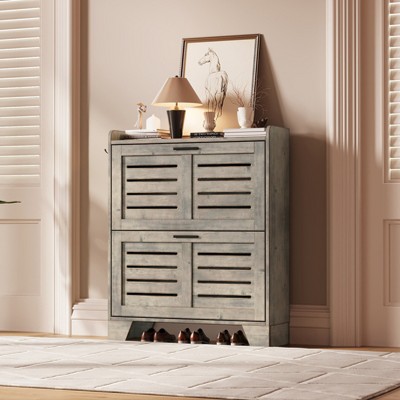 COZONY Shoe Cabinet with 2 Flip-Down Drawers, Narrow Freestanding Hidden Storage Organizer with Hooks for Entryway, Hallway, Garage
