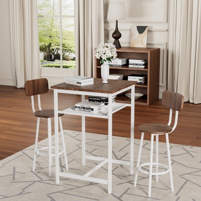 Hrinhom 3-Pieces Bar Set, With 2 bar stools,Wood Top and Metal Legs,Brown and White