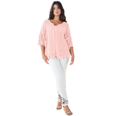 Roaman's Plus Size Scallop Trim Crochet Cardigan