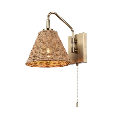Globe Electric 1-Light Matte Brass Wall Sconce with Rattan Shade and On/Off Pull Chain Switch by Novogratz x Globe: ETL Listed, Iron Body, Cone Shape