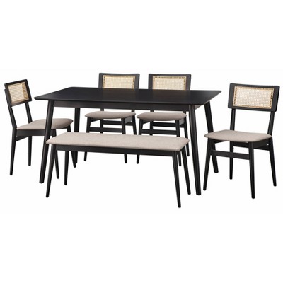 6pc Whitney Rectangular Dining Set Black- Lifestorey: Mid-Century Style, Gray Seats, Rubberwood