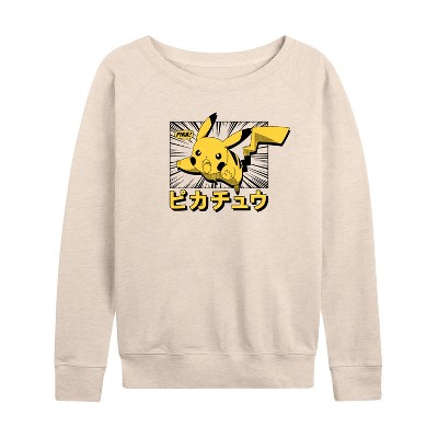 Women's - Pokémon - Pikachu Anime Kanji Lightweight French Terry Wide Neck Long Sleeve Graphic Shirt