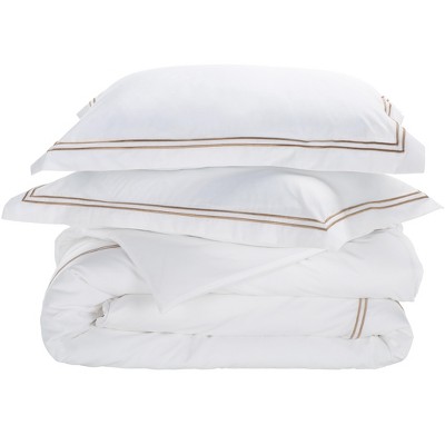 Hotel Collection 300TC Percale 3-Piece Duvet Cover Set, 2-Line Embroidered, Full/Queen - DVT1001 - Golden Taupe/White - Safavieh
