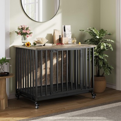39 Inch Dog Crate Furniture with Removable Tray, Heavy-Duty Dog Cage with Lockable Wheels & Door
