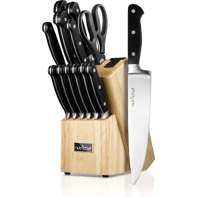 NutriChef 13-Piece German Stainless Steel Cutlery Set with Wood Block for Versatile Food Preparation