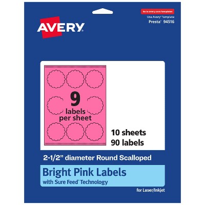 Avery Bright Pink Paper Labels, 2.5" Diameter Round Scalloped
