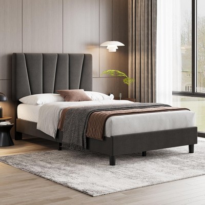 Bed Frame with Adjustable Headboard, Linen Upholstered Platform Bed Frame with Strong Wooden Slats, Mattress Foundation
