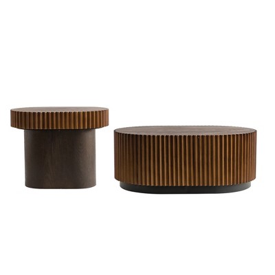 CLIHOME Set of 2 Handcraft Round Nesting Coffee Table, Chic Wave Stripe Edge, Modern Stylish Wooden Circle Fluted Center Table