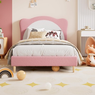 Full Bed Frame for Kids - with Adjustable Chic Scallop Headboard, Cute Velvet Princess Platform Bed for Girls/Kids, Solid Wood Slats Support