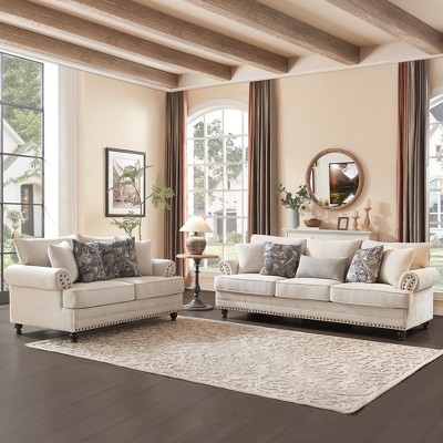 Piece Living Room Set, Modern Farmhouse Chenille Sofa and Loveseat with Nailhead Trim, Floral Accent Chair