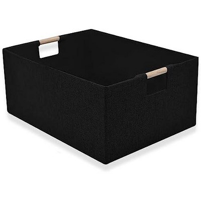 Aoibox Large Black Fabric Storage Bin with Wooden Handles Collapsible Decorative Basket for Closet Shelves Home Office