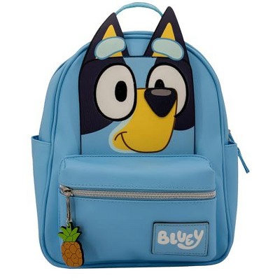 Bluey Big Face Mini Cosplay PU Backpack Purse, Shoulder Bag with Epoxy Filled Metal Pineapple Charm, 10.5 Inch, Adjustable Straps, Faux Leather