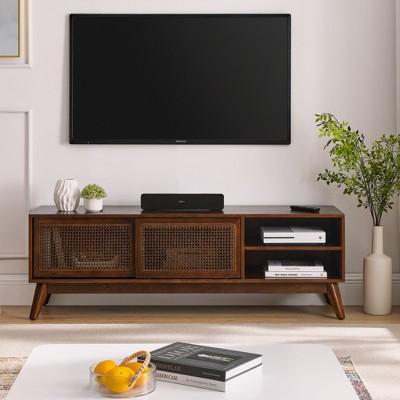 MOEPISY 59 Inch Mid Century Modern Rattan TV Stand for 65 Inch TV, Entertainment Cabinet, Walnut
