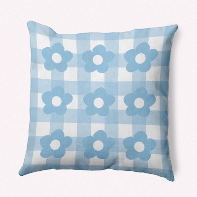 16"x16" Spring Flowers on Gingham Square Throw Pillow Carolina Blue - e by design: Indoor Decorative Cushion, Twill Polyester Fabric