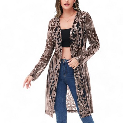 Anna-Kaci Women's Long Sequin Cardigan Open Front Sheer Duster Jacket