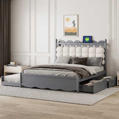 Queen Size Wooden Storage Bed with 2 Big Drawers and Twin-XL Trundle