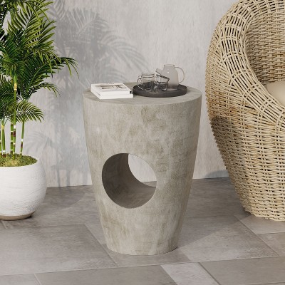 Kumasinova Modern Minimalist MGO Outdoor Side Table with Sculptural Hollow Design,Elegant End Table for Outdoor&Indoor Use,Durable&Lightweight,Beige