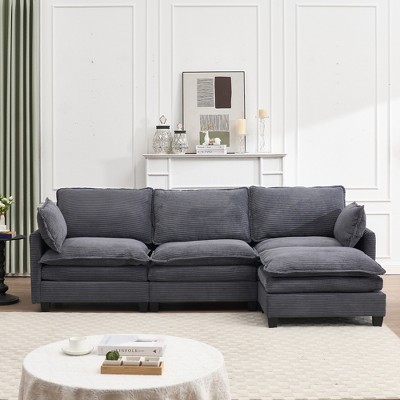 Modular Velvet Sofa, U-Shaped 3-Seater Couch with Ottoman & 2 Lumbar Pillows, Deep Seat Upholstered Sectional for Living Room