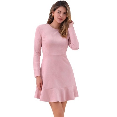 INSPIRE CHIC Women's Regular Fit Faux Suede Crew Neck Long Sleeve Ruffled Hem Mini Dress