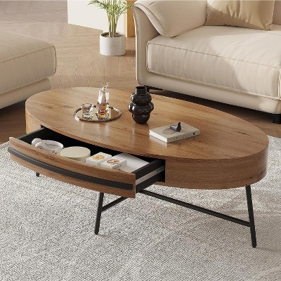 Oval Coffee Table with Drawer, 47.2“ Wooden Coffee Table with Storage and Cross Metal Legs, Mid-Century Modern Center Table Unique Curved Design