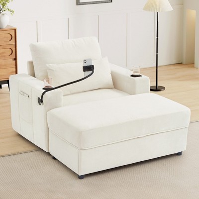 Chaise Lounge Sofa Couch with Storage Ottoman and USB Ports, Armchair with Cup Holders and Phone Holder, Sleeper Sofa Chair with Side Pockets-Koiai