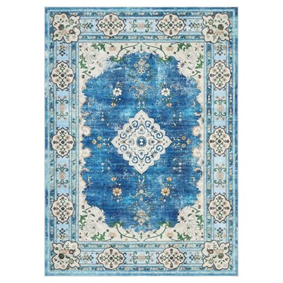 Coolmee Area Rugs Washable,Boho Vintage Bohemian Distressed Oriental Carpet Non Slip, Floral, for Living Room Bedroom Nursery Old Green
