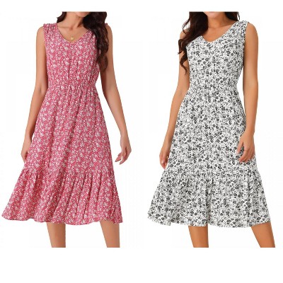 INSPIRE CHIC Women's Summer Boho Beach V Neck Sleeveless Floral Flowy Tiered Midi Dress with Pockets 2 Packs