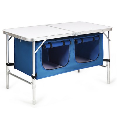 Costway Adjustable Camping Table Aluminum w/ Storage Organizer Grey/Dark Blue