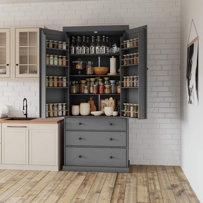 ORRD TOPMAX 77" Farmhouse Pantry - 3 Shelves, 8 Door Racks & 3 Drawers, Kitchen Storage Cabinet, Gray