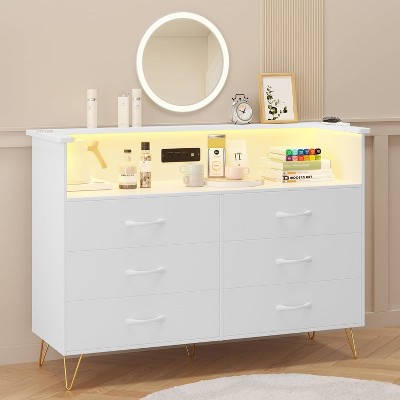 Dresser for Bedroom with LED Light & Charging Station, 6 Drawers Wooden Dressers with Open Space, Modern Chest of Double Wide Drawers White