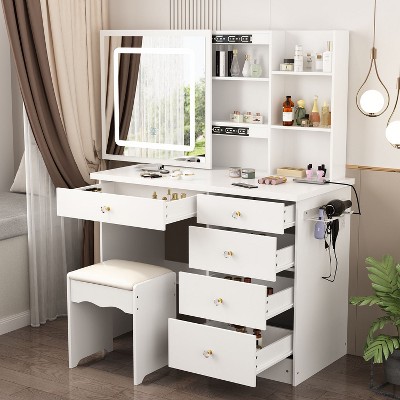 Famapy Vanity Table Set With Lighted  Mirror and Charging Station