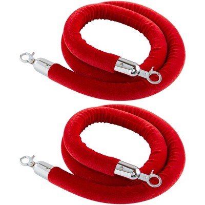 Juvale Set of 2 Red Velvet Stanchion Rope with Silver Chrome Plated Hooks, 5 ft Thick Barriers for Red Carpet, Crowd Control