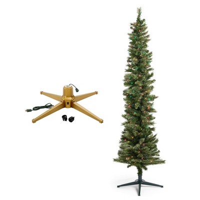 Home Heritage 1-1.5" Artificial Christmas Tree Base Rotating Metal Stand w/Stanley 7' Skinny Pencil 350 Multicolor Lights Artificial Christmas Tree