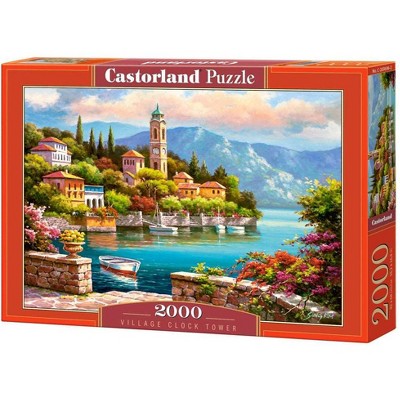 2000 Piece Jigsaw Puzzle, Village Clock Tower, Dolomites, Italy, Idyllic Landscape, Mountains and lake, Adult Puzzles, Castorland C-200696-2