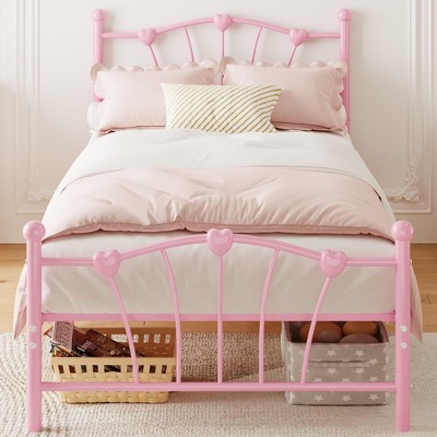 Garvee White Twin Bed Frame for Kids, Twin Bed Frame with Heart Shaped Headboard and Tailboard, Heavy Metal Slat Support, Noiseless