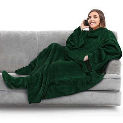 PAVILIA Wearable Blanket with Sleeves and Foot Pockets, Fleece Warm Snuggle Pocket Sleeved Throw for Women Men Adults