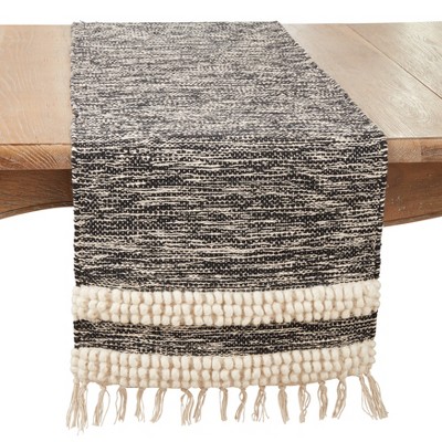 Saro Lifestyle Boho Fringe Pom Pom Stripe Table Runner, 16"x72", Black