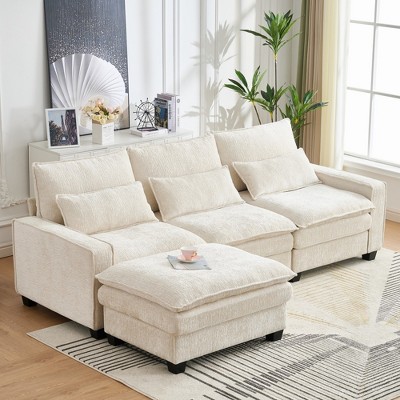 GDFStudio Rossburg Mid-Century Modern 4 Seater Chenille Sectional Sofa with Ottoman