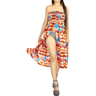 LA LEELA Women's House Daily Routine Evening Wear Holiday Flowy Backless Ruffle Tube Top Midi Evening Dress Dresses for Women One Size Red, Floral
