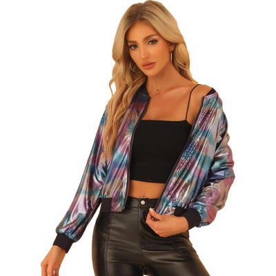 INSPIRE CHIC Women's Holographic Fashion Stand Collar Metallic Lightweight Zip Bomber Jacket