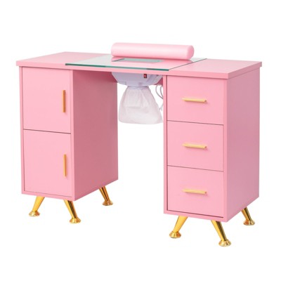 Karlhome 42.5 in. White MDF and Glass 3-Drawer Manicure Table Nail Desk with Cabinet, Electric Dust Collector