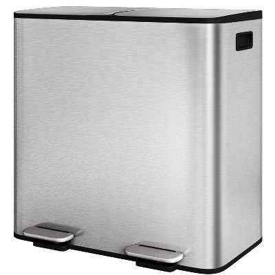 Double Trash Can with Lid, Step-on Kitchen Stainless Steel Garbage Cans, PP Inner Buckets, Liner Rim