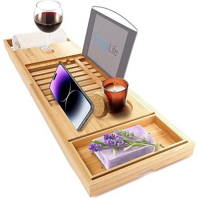 SereneLife Luxury Bamboo Bathtub Caddy - Adjustable Natural Wood with Glass Holder