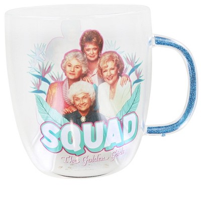 Silver Buffalo The Golden Girls "Squad" Glitter Handle Glass Mug | Holds 14 Ounces