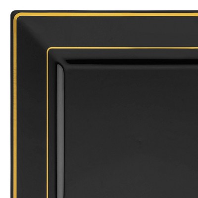 Smarty Had A Party 6.5" Black w/ Gold Square Edge Rim Plastic Salad Plates - 120 pcs